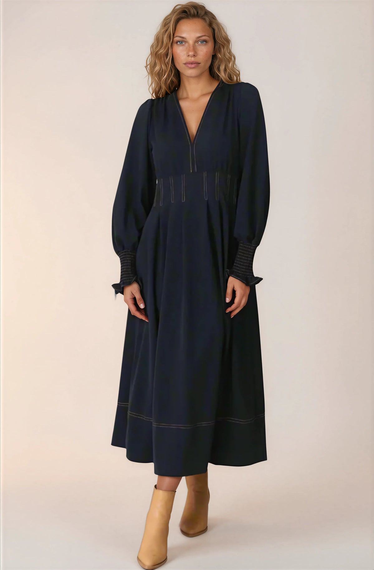 Karey Midi Dress - Fit and Flare Contrast Stitching Dress in Dark Denim