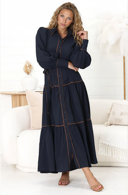 Marise Maxi Dress - A Line Dress with Collared Neckline and Long Sleeves in Navy