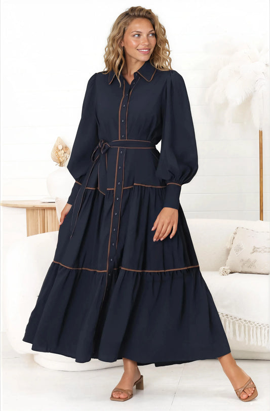 Marise Maxi Dress - A Line Dress with Collared Neckline and Long Sleeves in Navy