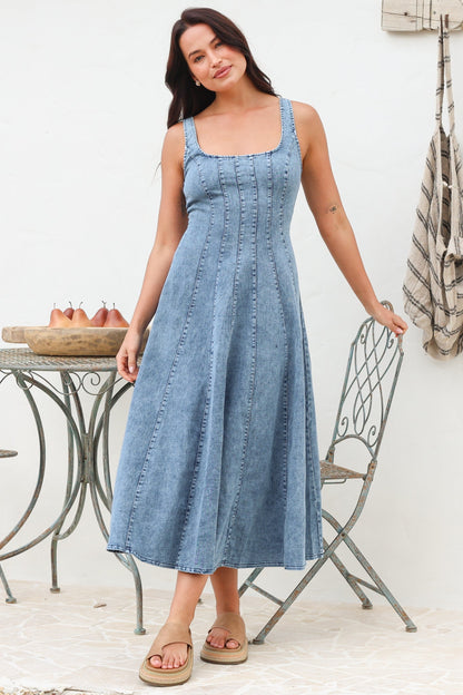 Jadely Midi Dress - Adjustable Strap A-Line Denim Sun Dress in Light Denim