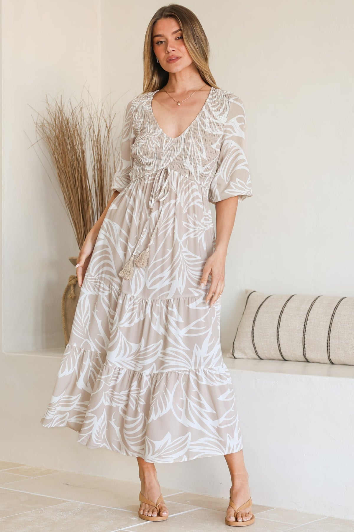 Jaden Midi Dress - Elasticated Bodice A-Line Dress in Jeani Print Beige