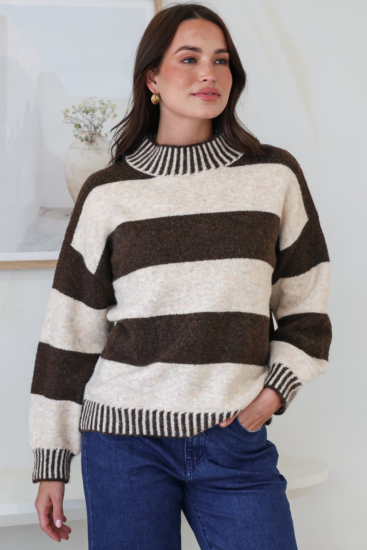 Janie Jumper - Mock Neck Striped Jumper with Contrast Stripe Hemlines in Chocolate