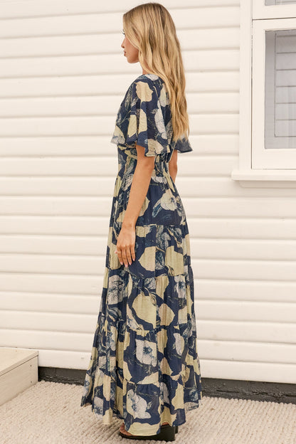 Jasmin Maxi Dress - V Neck Tiered A Line Dress with Flutter Sleeves in Celine Print Blue