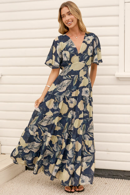 Jasmin Maxi Dress - V Neck Tiered A Line Dress with Flutter Sleeves in Celine Print Blue