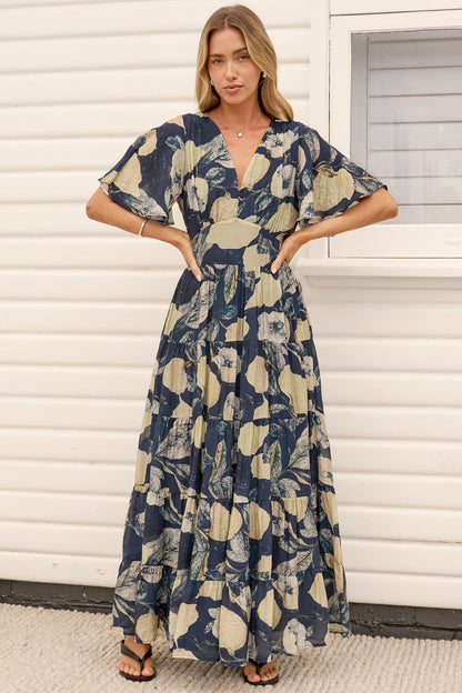 Jasmin Maxi Dress - V Neck Tiered A Line Dress with Flutter Sleeves in Celine Print Blue