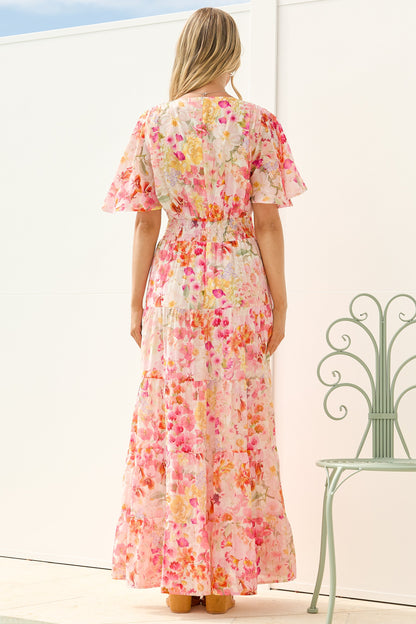 Jasmin Maxi Dress - V Neck Tiered A Line Dress with Flutter Sleeves in Liana Print