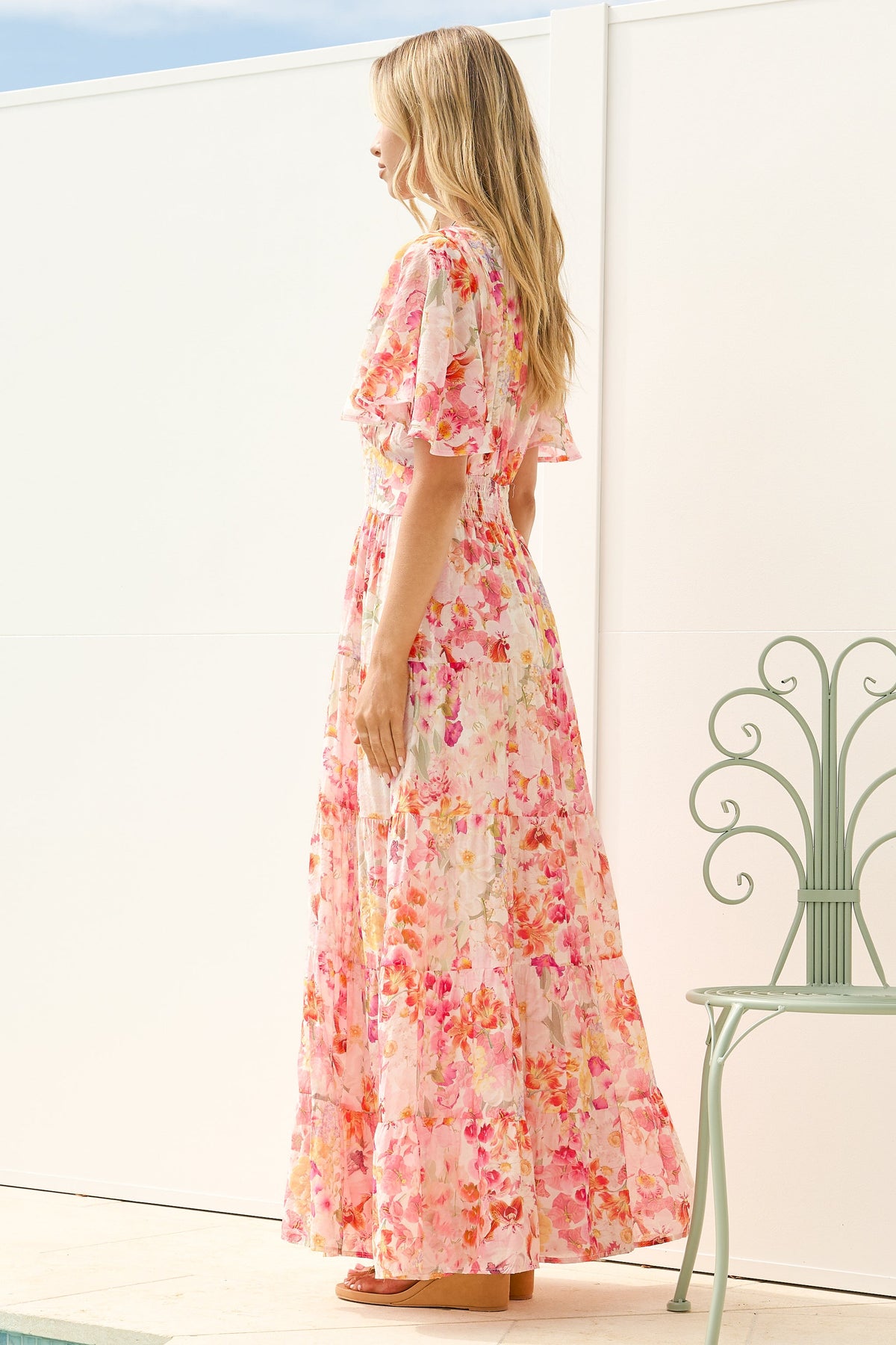Jasmin Maxi Dress - V Neck Tiered A Line Dress with Flutter Sleeves in Liana Print