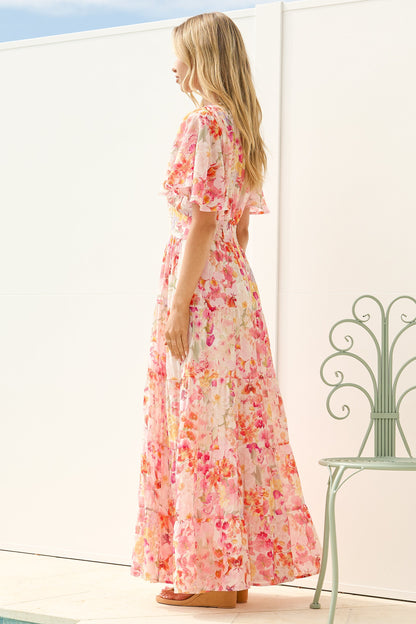 Jasmin Maxi Dress - V Neck Tiered A Line Dress with Flutter Sleeves in Liana Print