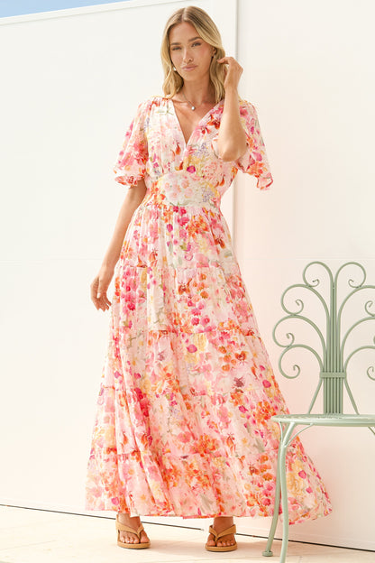 Jasmin Maxi Dress - V Neck Tiered A Line Dress with Flutter Sleeves in Liana Print