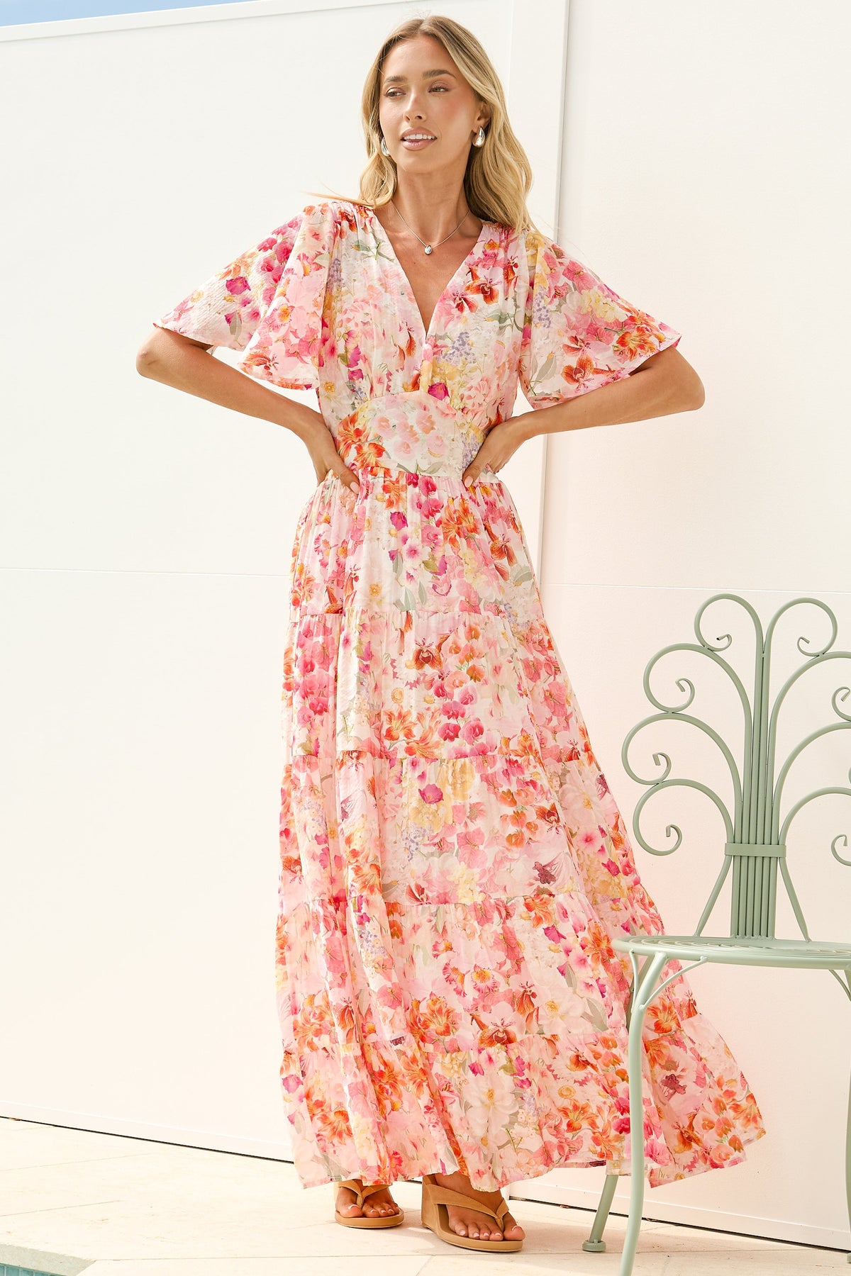 Jasmin Maxi Dress - V Neck Tiered A Line Dress with Flutter Sleeves in Liana Print