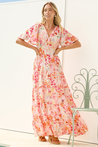Jasmin Maxi Dress - V Neck Tiered A Line Dress with Flutter Sleeves in Liana Print