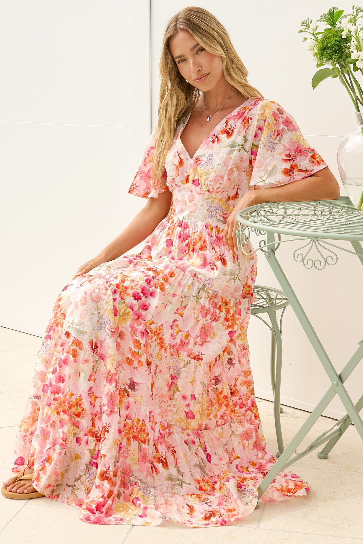Jasmin Maxi Dress - V Neck Tiered A Line Dress with Flutter Sleeves in Liana Print