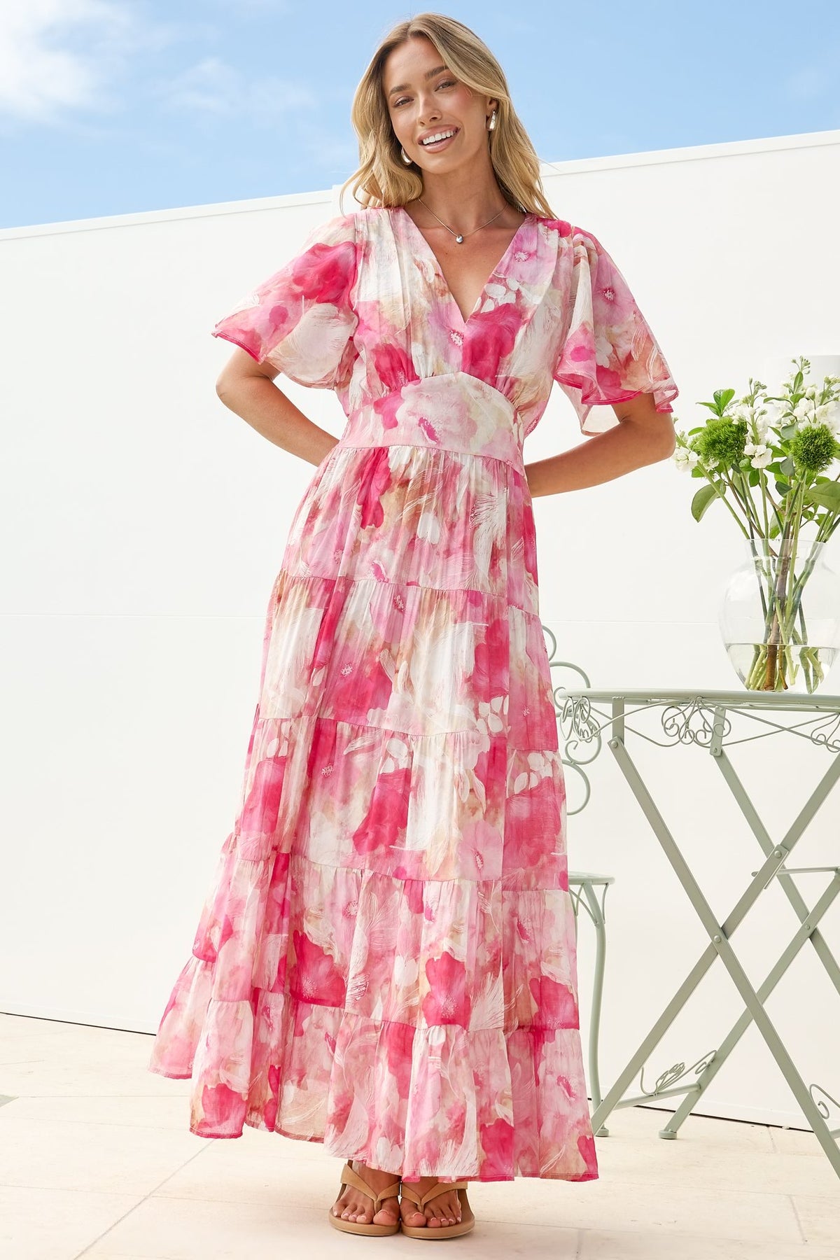 Jasmin Maxi Dress - V Neck Tiered A Line Dress with Flutter Sleeves in Avelina Print Pink
