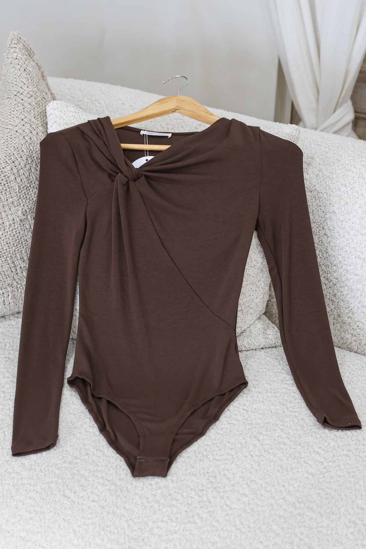 Jessica Bodysuit - Asymmetric Tie Knot Neckline and Push Button Closure in Chocolate