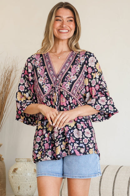 Joelle Top - V Neck High-Low Top in Anissa Print Black