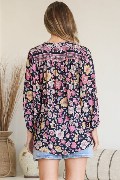 Joelle Top - V Neck High-Low Top in Anissa Print Black