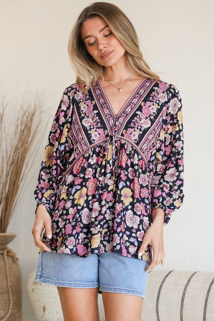 Joelle Top - V Neck High-Low Top in Anissa Print Black