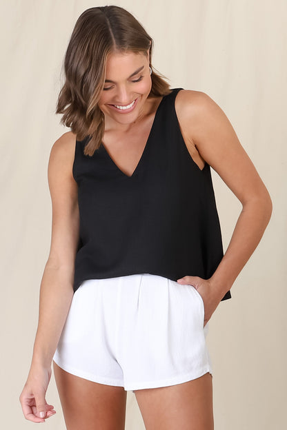 Joree Top - Linen Blend Soft V Neck Scoop Hem Top in Black