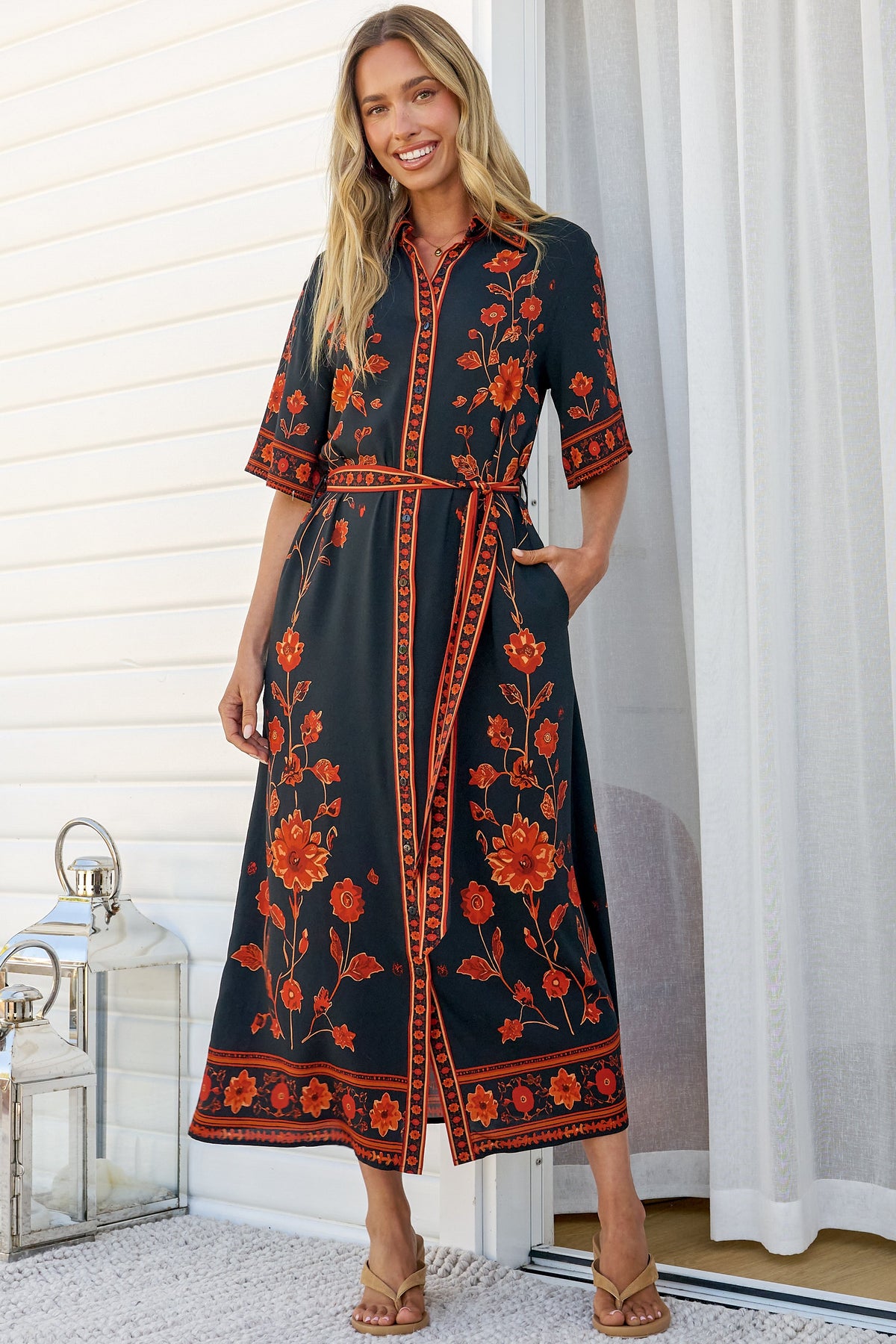 Kally Midi Dress - Collared Shirt Dress with Matching Waist Tie in Alexys Print