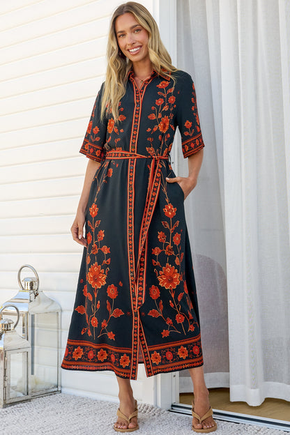 Kally Midi Dress - Collared Shirt Dress with Matching Waist Tie in Alexys Print