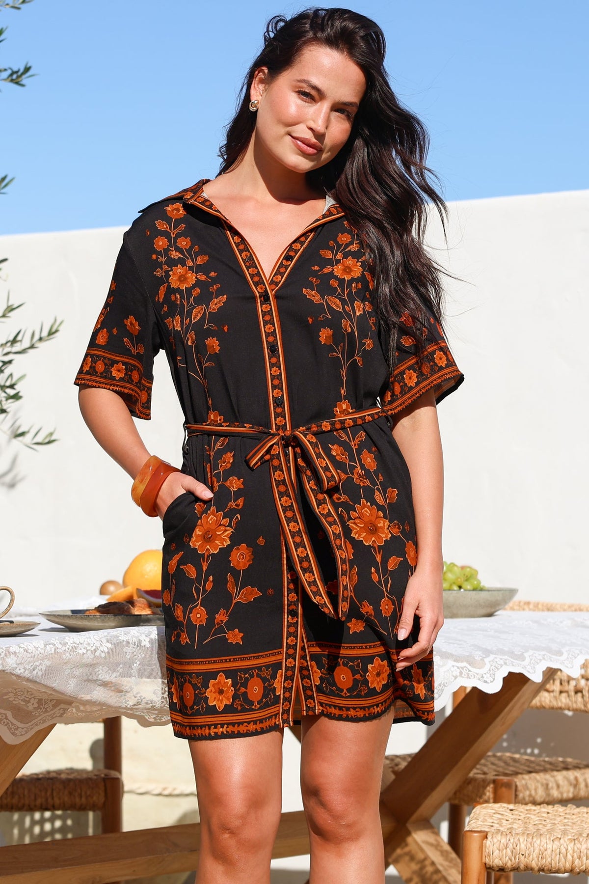 Kally Mini Dress - Collared Shirt Dress with Matching Waist Tie in Alexys Print