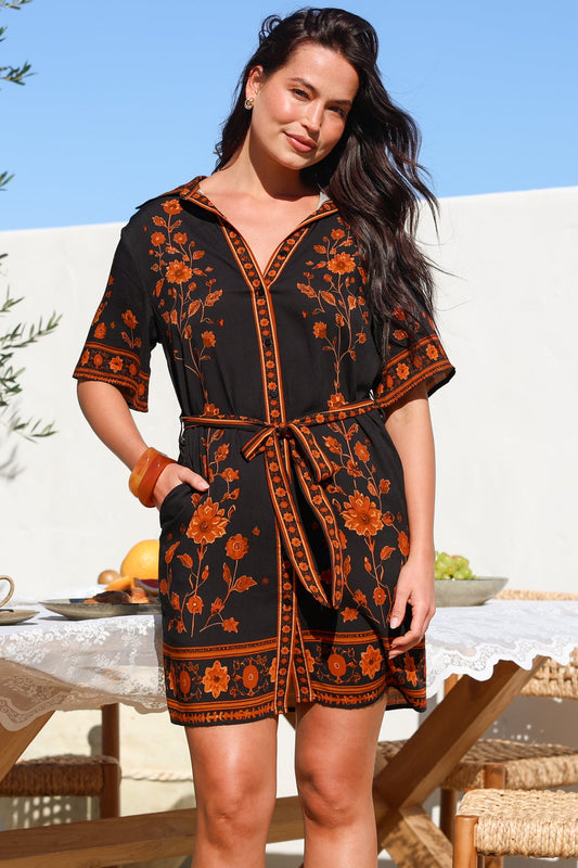 Kally Mini Dress - Collared Shirt Dress with Matching Waist Tie in Alexys Print