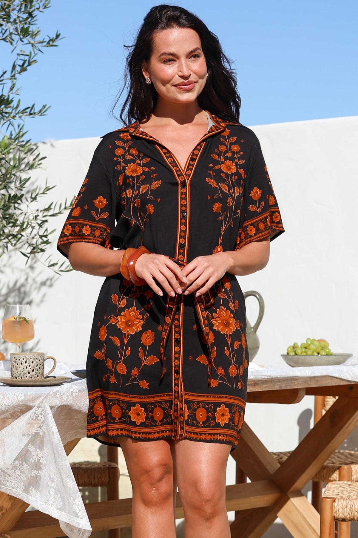 Kally Mini Dress - Collared Shirt Dress with Matching Waist Tie in Alexys Print