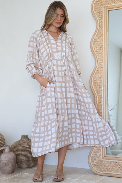 Kamali Midi Dress - Batwing Sleeve Smock Dress with Lace Detailing in Beth Print Beige