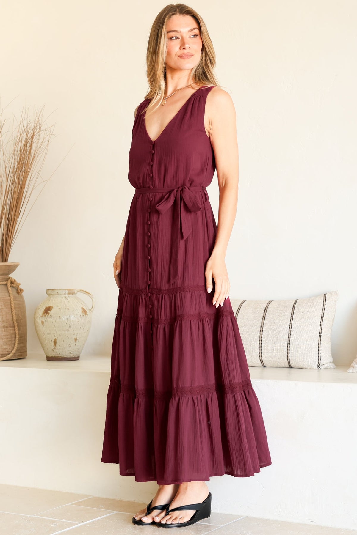 Karen Maxi Dress - Sleeveless Tiered Button Down with Lace Splicing and Waist Tie in Wine