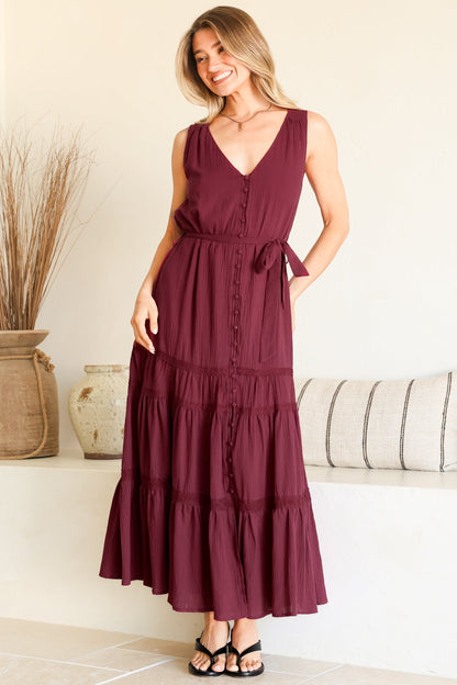 Karen Maxi Dress - Sleeveless Tiered Button Down with Lace Splicing and Waist Tie in Wine