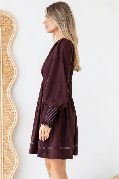 Karey Mini Dress - Fit and Flare Contrast Stitching Dress in Wine