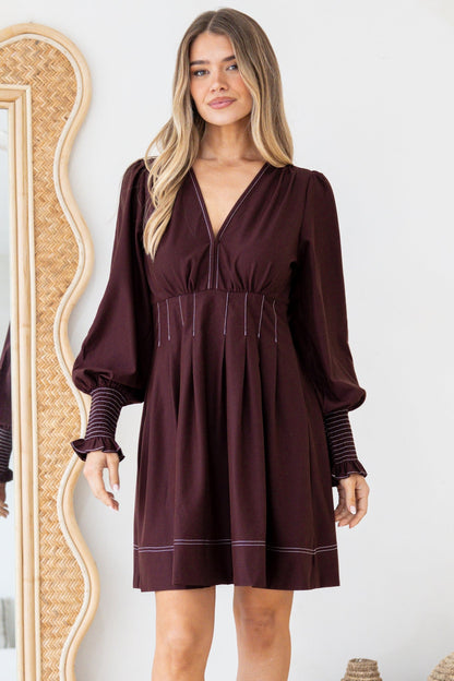 Karey Mini Dress - Fit and Flare Contrast Stitching Dress in Wine