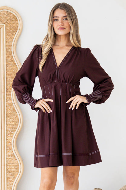 Karey Mini Dress - Fit and Flare Contrast Stitching Dress in Wine