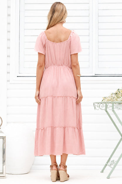 Karina Midi Dress - Button Down Cap Sleeve Tiered Dress in Pink