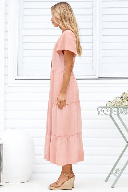 Karina Midi Dress - Button Down Cap Sleeve Tiered Dress in Pink