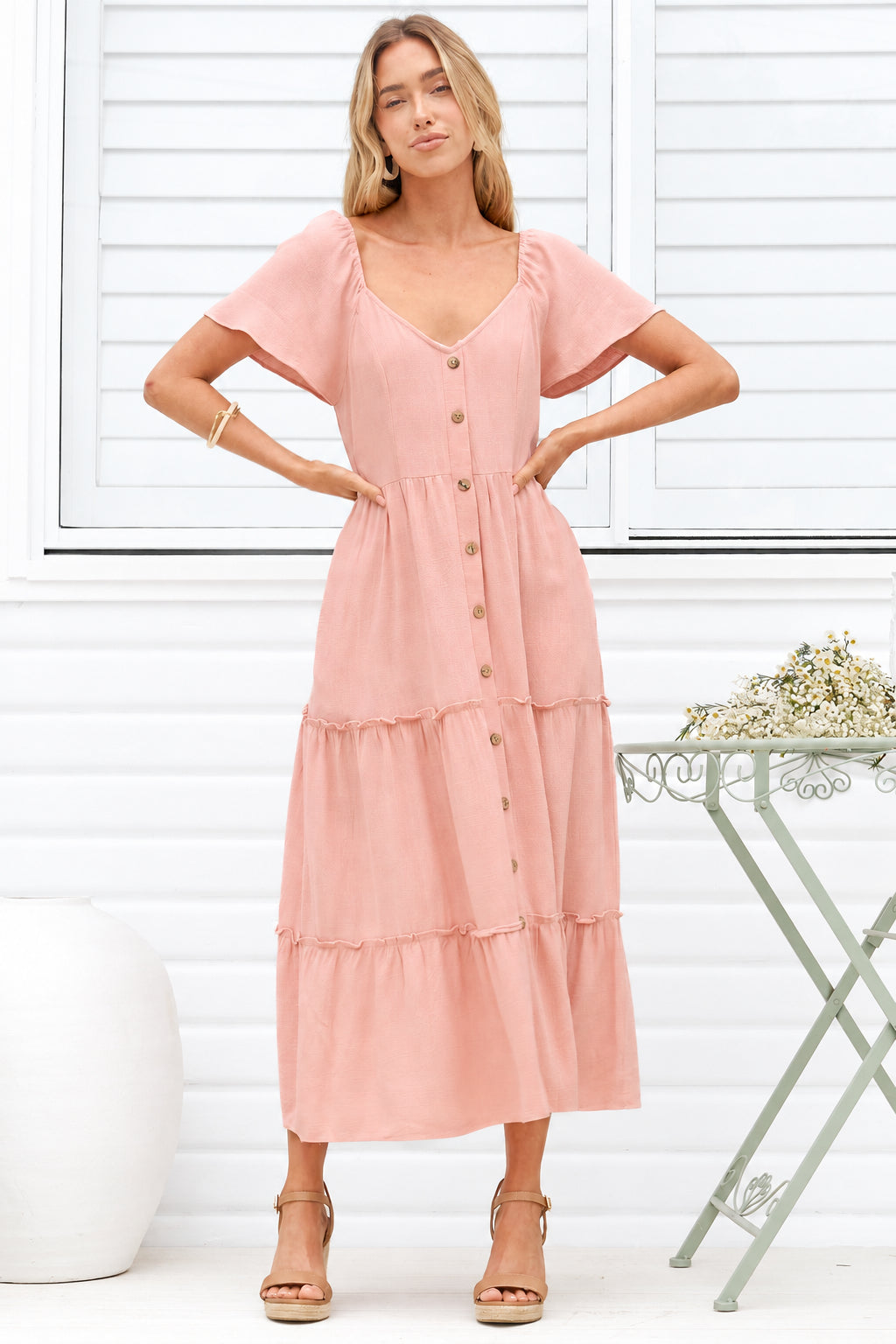 Karina Midi Dress - Button Down Cap Sleeve Tiered Dress in Pink