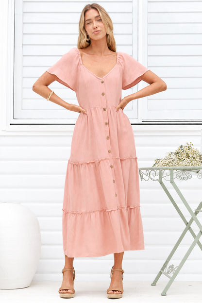Karina Midi Dress - Button Down Cap Sleeve Tiered Dress in Pink