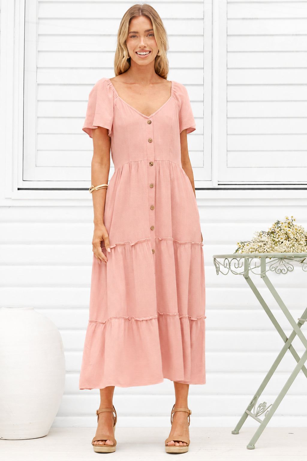 Karina Midi Dress - Button Down Cap Sleeve Tiered Dress in Pink