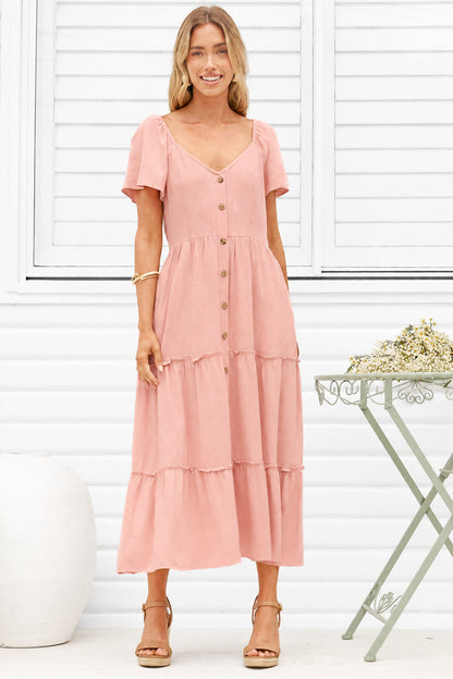 Karina Midi Dress - Button Down Cap Sleeve Tiered Dress in Pink