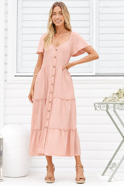 Karina Midi Dress - Button Down Cap Sleeve Tiered Dress in Pink