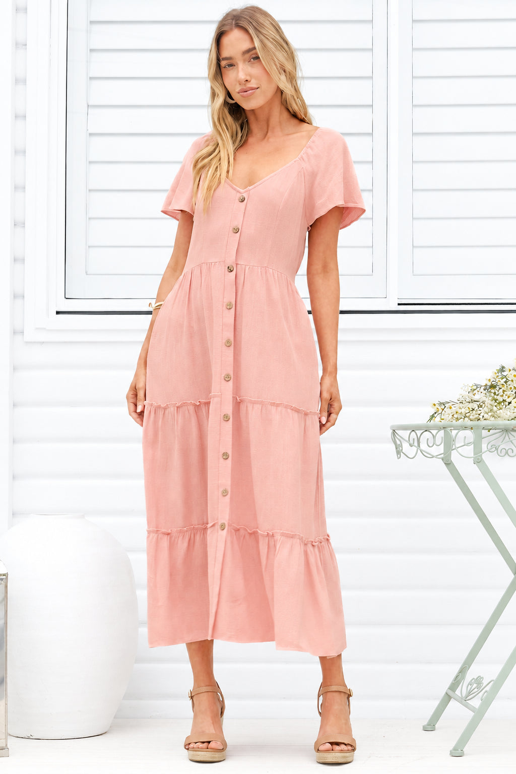 Karina Midi Dress - Button Down Cap Sleeve Tiered Dress in Pink