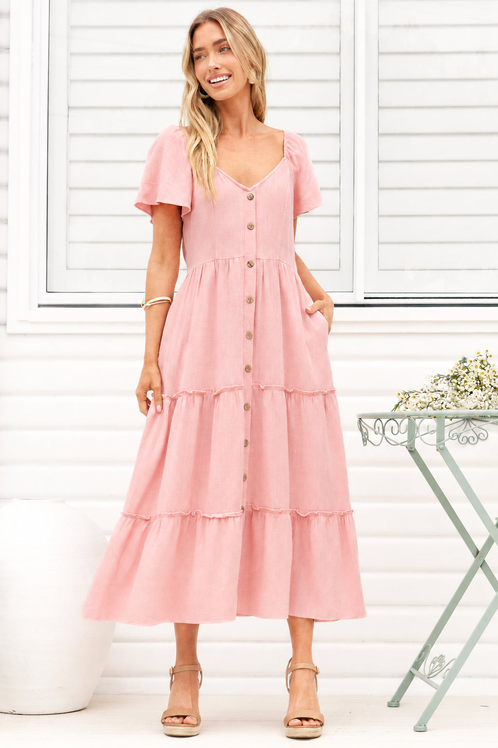 Karina Midi Dress - Button Down Cap Sleeve Tiered Dress in Pink