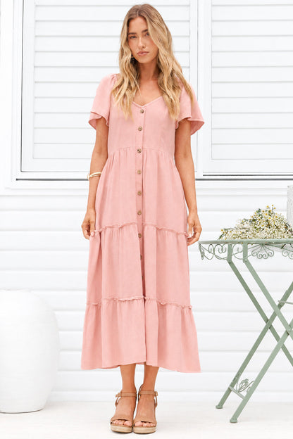 Karina Midi Dress - Button Down Cap Sleeve Tiered Dress in Pink