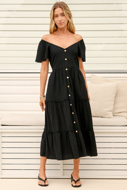 Karina Midi Dress - Button Down Cap Sleeve Tiered Dress in Black