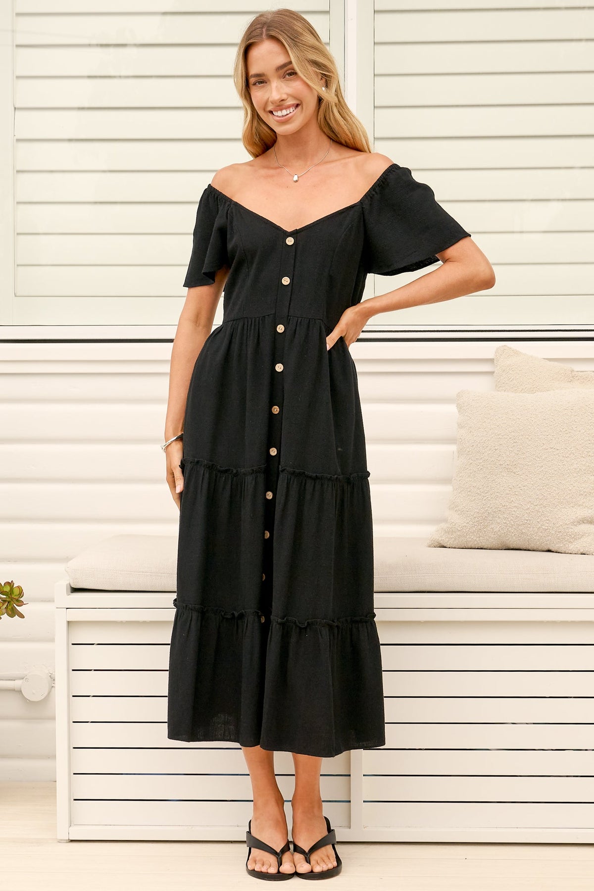 Karina Midi Dress - Button Down Cap Sleeve Tiered Dress in Black