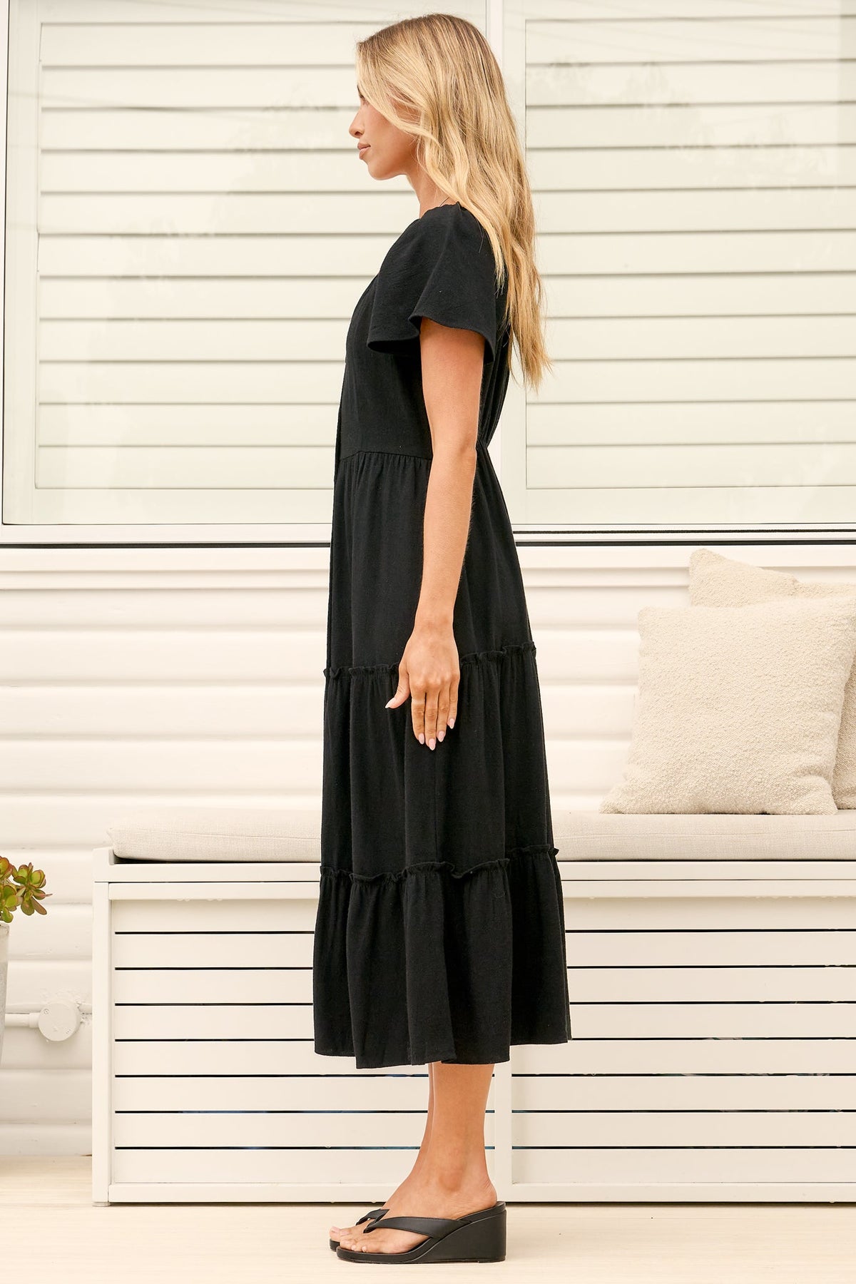 Karina Midi Dress - Button Down Cap Sleeve Tiered Dress in Black