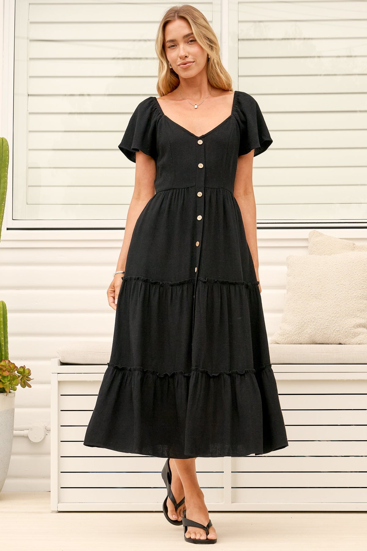 Karina Midi Dress - Button Down Cap Sleeve Tiered Dress in Black