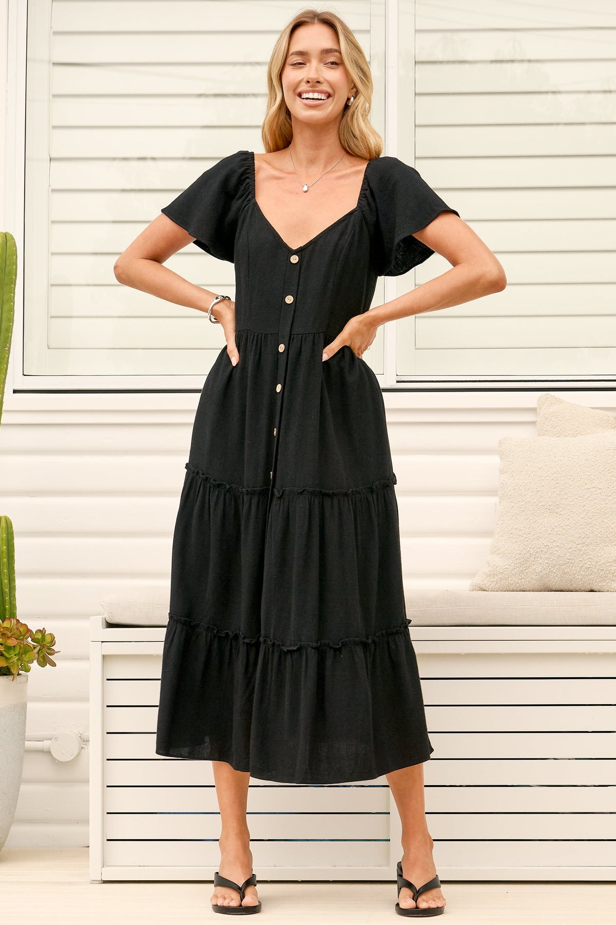 Karina Midi Dress - Button Down Cap Sleeve Tiered Dress in Black