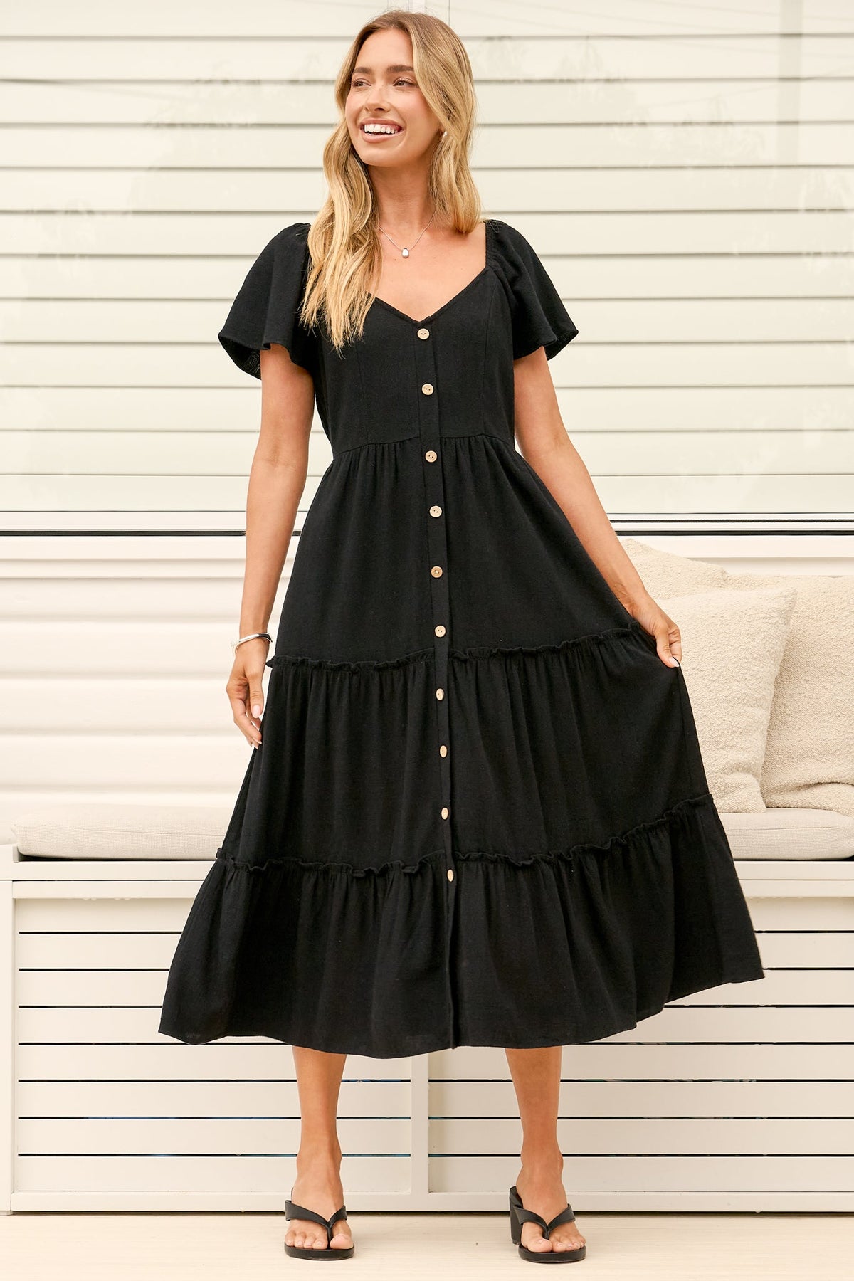 Karina Midi Dress - Button Down Cap Sleeve Tiered Dress in Black