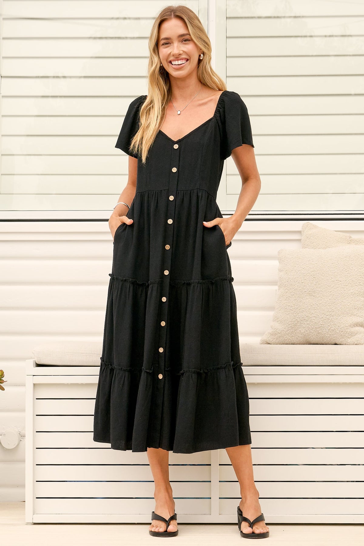 Karina Midi Dress - Button Down Cap Sleeve Tiered Dress in Black